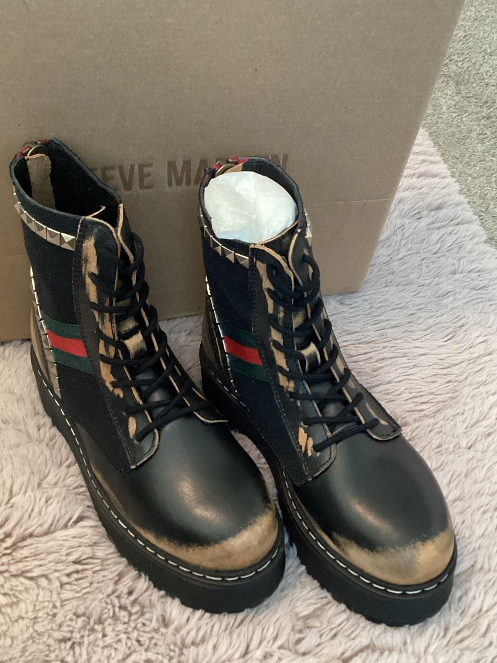Steve Madden Black Boots with Red and Green Stripe